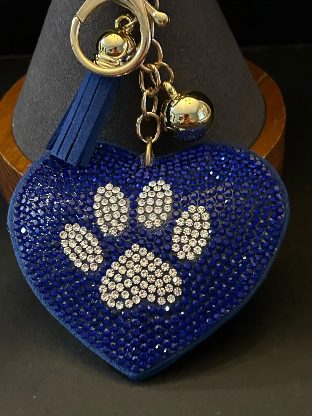 PREMIUM Puffy Blue Heart Paw 🐾 Padded Crystal Bag Charm Keychain w/Gold Clasps